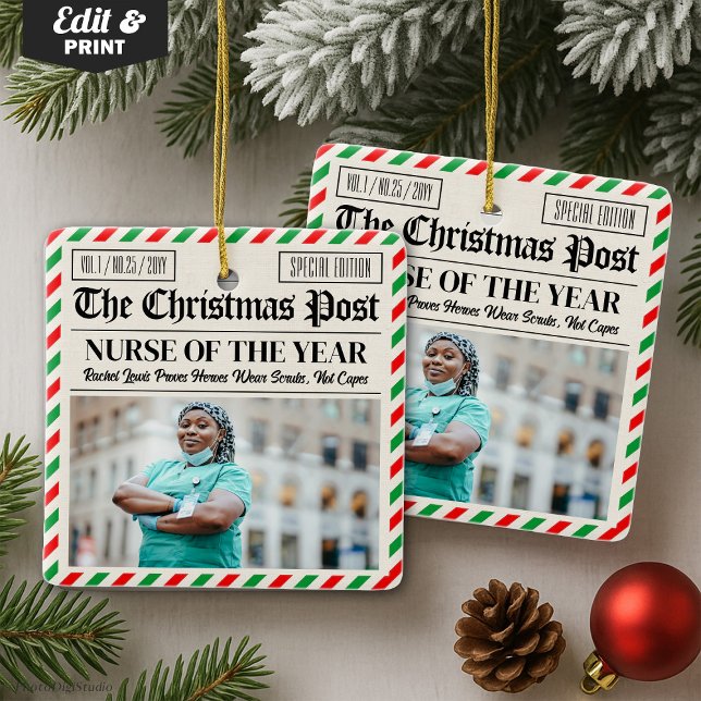 Custom Christmas Gift for Nurse, Nurse Newspaper Julgransprydnad Keramik (Custom Christmas Gift for Nurse, Nurse Newspaper Ceramic Ornament)