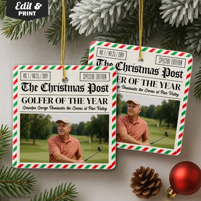 Custom Christmas Golfer Gift, Fun Golf Newspaper  Julgransprydnad Keramik (Custom Christmas Golfer Gift, Fun Golf Newspaper Ceramic Ornament)