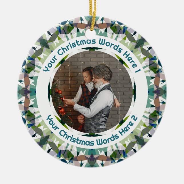 Custom Christmas Green Brown Family Photo Gift Julgransprydnad Keramik (Framsidan)