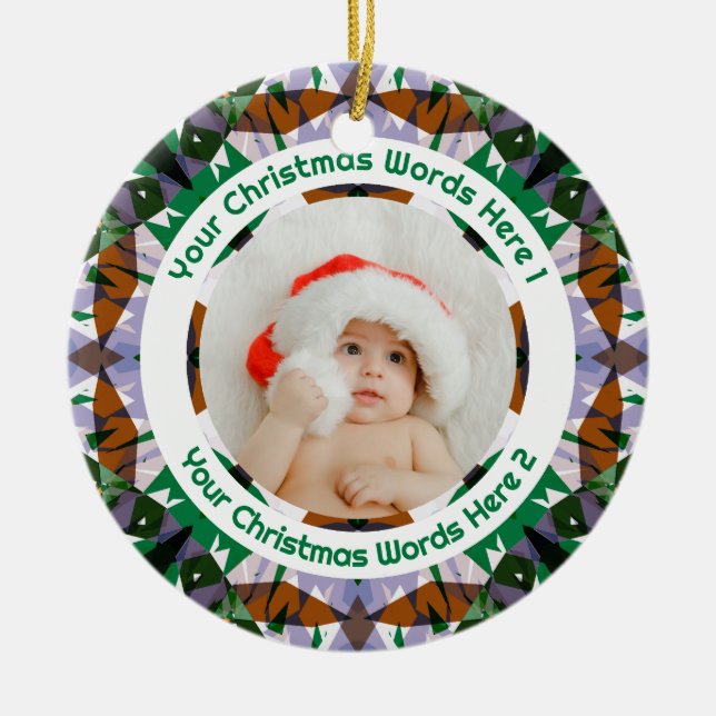 Custom Christmas Green Brown Family Photo Gift Julgransprydnad Keramik (Framsidan)