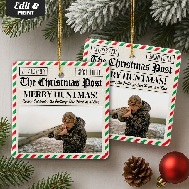 Custom Christmas Hunter Gift Newspaper Outdoorsman Julgransprydnad Keramik (Custom Christmas Hunter Gift Newspaper Outdoorsman Ceramic Ornament)