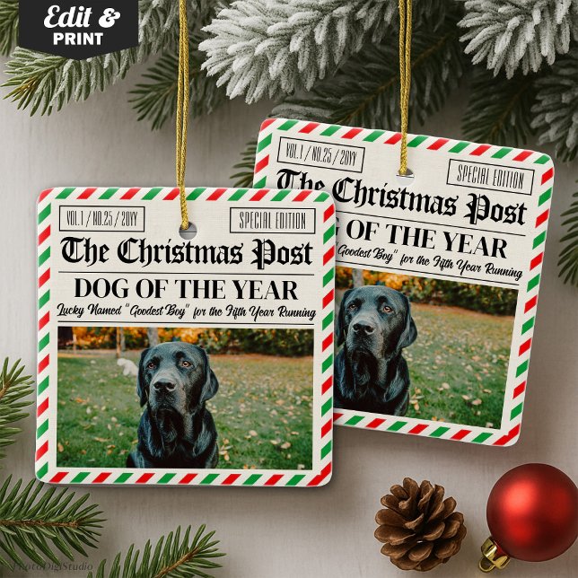 Custom Christmas Newspaper Decor, Gift for Dog  Julgransprydnad Keramik (Custom Christmas Newspaper Decor, Gift for Dog Ceramic Ornament)