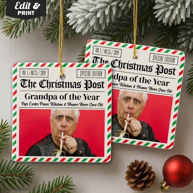 Custom Christmas Newspaper for Grandpa or Grandma Julgransprydnad Keramik (Custom Christmas Newspaper for Grandpa or Grandma Ceramic Ornament)