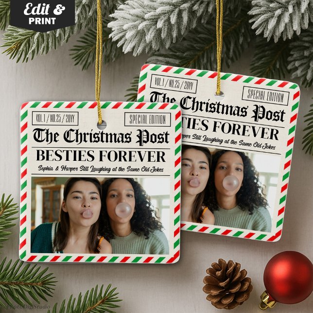Custom Christmas Newspaper Friend Gift for Besties Julgransprydnad Keramik (Custom Christmas Newspaper Friend Gift for Besties Ceramic Ornament)