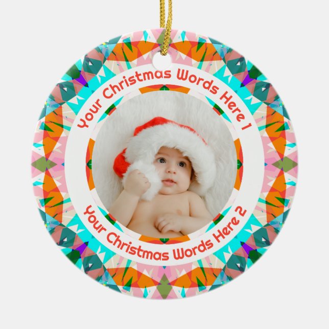 Custom Christmas Orange Teal Family Photo Gift Julgransprydnad Keramik (Framsidan)