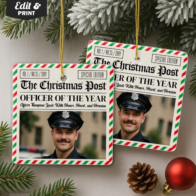 Custom Christmas Police Gift for Officer Newspaper Julgransprydnad Keramik (Custom Christmas Police Gift for Officer Newspaper Ceramic Ornament)