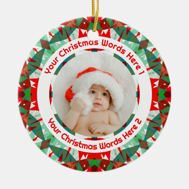 Custom Christmas Red Green Family Photo Gift Julgransprydnad Keramik (Framsidan)