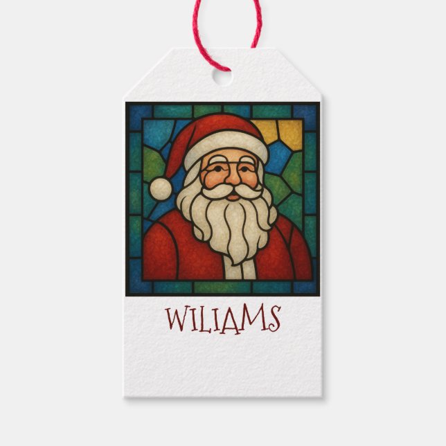 Custom Christmas Santa Art Deco Stained Glass Presentetikett (Framsidan)