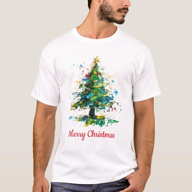 Custom Christmas Tree Oil Painting Style T Shirt (Framsida)