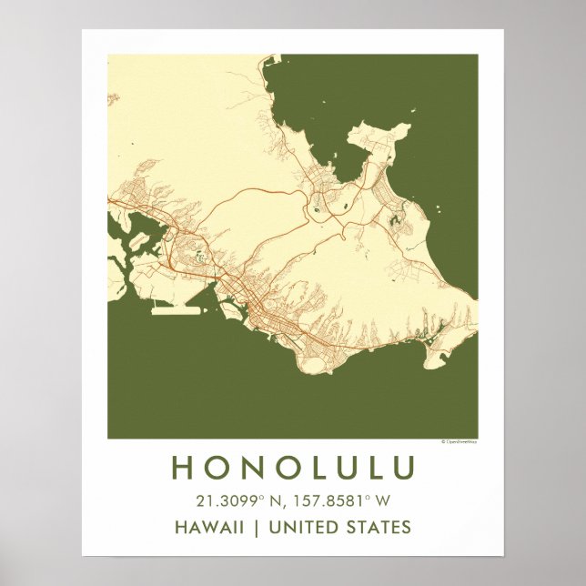 Custom City Map Honolulu Hawaii Wall Art Poster (Framsidan)