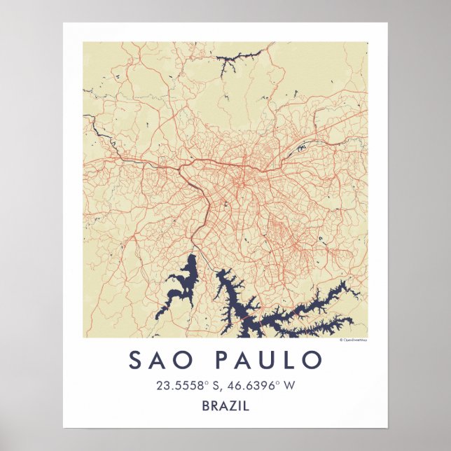 Custom City Map Sao Paulo Brazil Wall Art Poster (Framsidan)