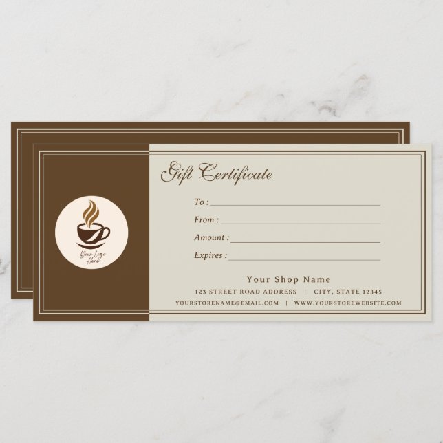 Custom Coffee Shop Gift Certificate | Personalized (Fram/baksida)