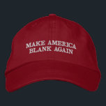 Custom Color & Text Make America Blank Again Trump Broderad Keps<br><div class="desc">This eye catching hat features a play on the Donald Trump slogan to Make America Blank Again on a deep red background. These hats are customizable, you can edit the text and color if you wish. Just hit the Personalize button to make it yours. You can also add custom embroidery...</div>