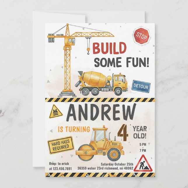 Custom Construction Birthday Invitations Inbjudningar (Framsida)