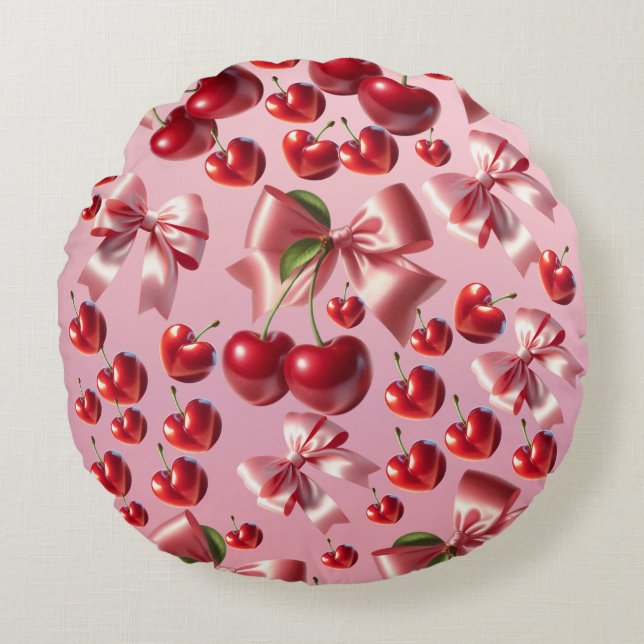 Custom Coquette Heart Bow Pattern Wrapping Paper Rund Kudde (Framsidan)