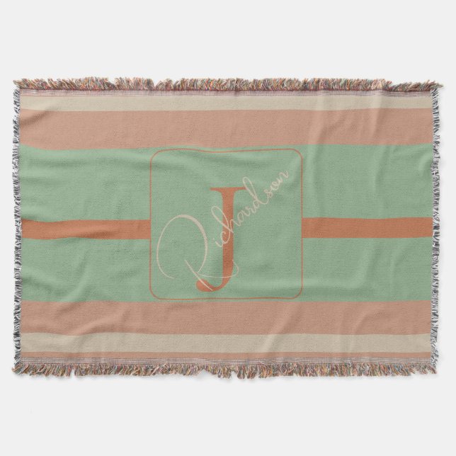 Custom Coral Sage Stripe Monogram Boho Pastel Chi Filt (Framsidan)