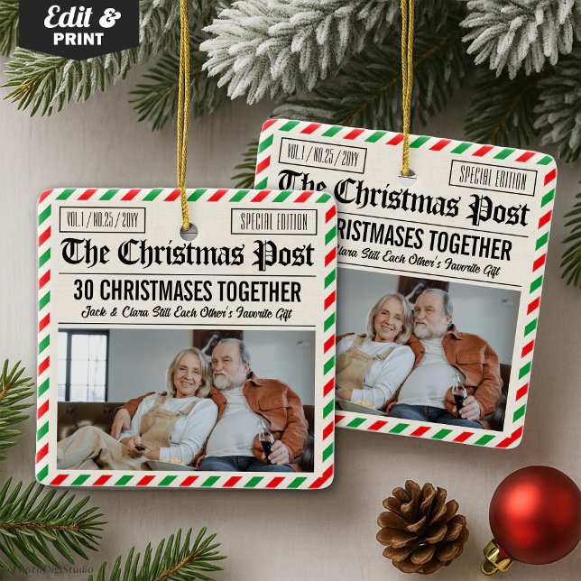 Custom Couple Anniversary Gift Christmas Newspaper Julgransprydnad Keramik (Custom Couple Anniversary Gift Christmas Newspaper Ceramic Ornament)