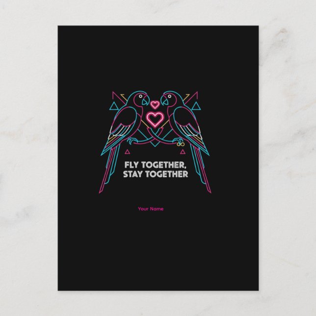 Custom Couple Anniversary Neon Parrots Winter Hood Vykort (Framsida)