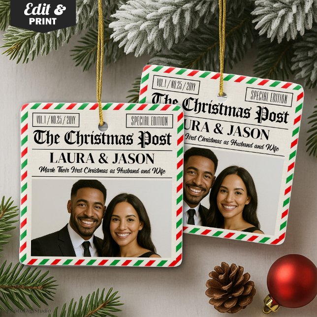 Custom Couple Gift Our First Christmas Newspaper Julgransprydnad Keramik (Custom Couple Gift Our First Christmas Newspaper Ceramic Ornament)