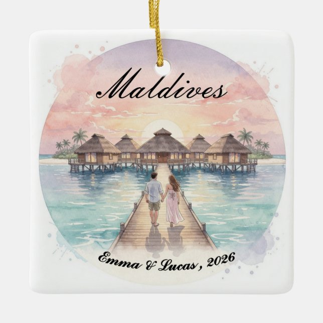 Custom Couple Maldives Honeymoon Keepsake Julgransprydnad Keramik (Framsida)