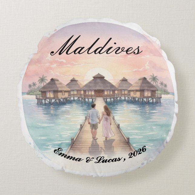 Custom Couple Maldives Honeymoon Keepsake Rund Kudde (Framsidan)
