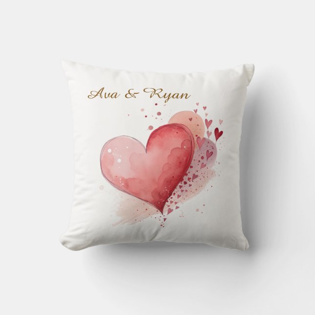 Custom Couple Name Watercolour Hearts Pillow Cover Kudde (Framsida)