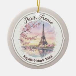 Custom Couple's Paris & Cherry Blossom Keepsake Julgransprydnad Keramik