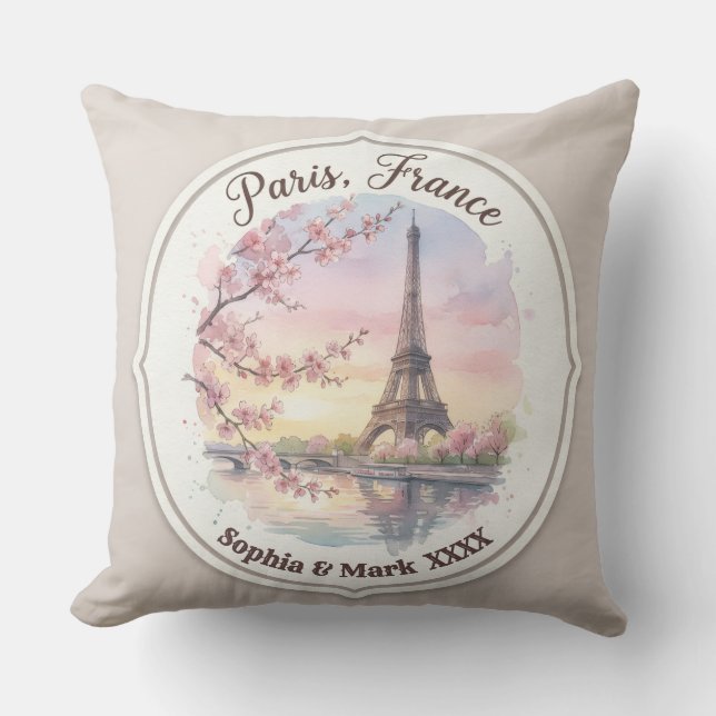 Custom Couple's Paris & Cherry Blossom Keepsake Kudde (Framsida)