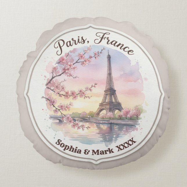 Custom Couple's Paris & Cherry Blossom Keepsake Rund Kudde (Framsidan)