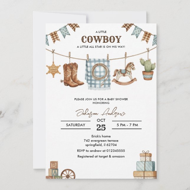 Custom Cowboy Baby Shower Invitation Inbjudningar (Framsida)