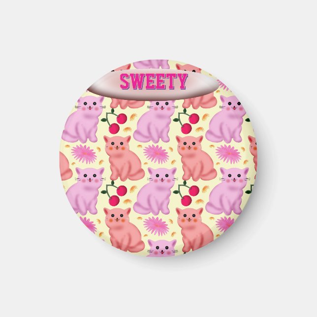 Custom Cute Cat Cherry Floral Pattern Magnet (Framsidan)