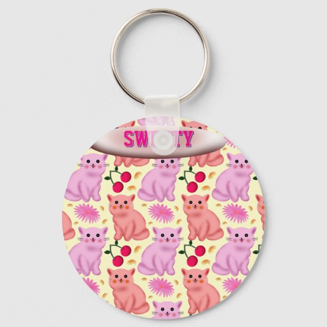 Custom Cute Cat Cherry Floral Pattern Nyckelring (Framsida)