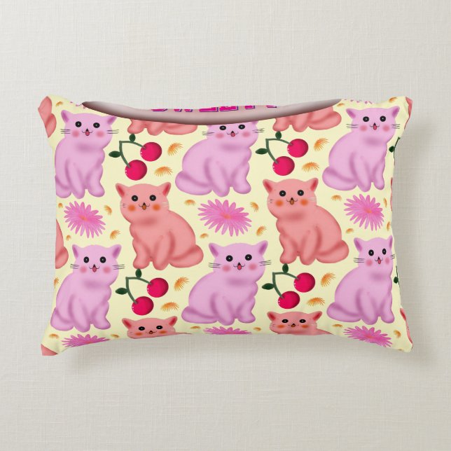 Custom Cute Cat Cherry Floral Pattern Prydnadskudde (Framsidan)