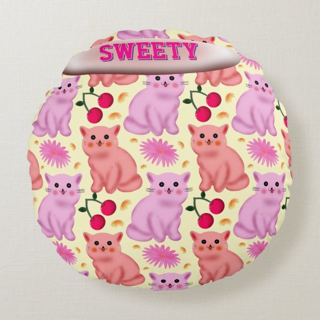 Custom Cute Cat Cherry Floral Pattern Rund Kudde (Framsidan)