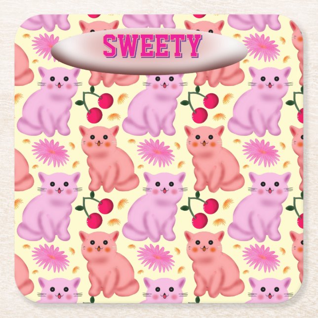 Custom Cute Cat Cherry Floral Pattern Underlägg Papper Kvadrat (Framsidan)