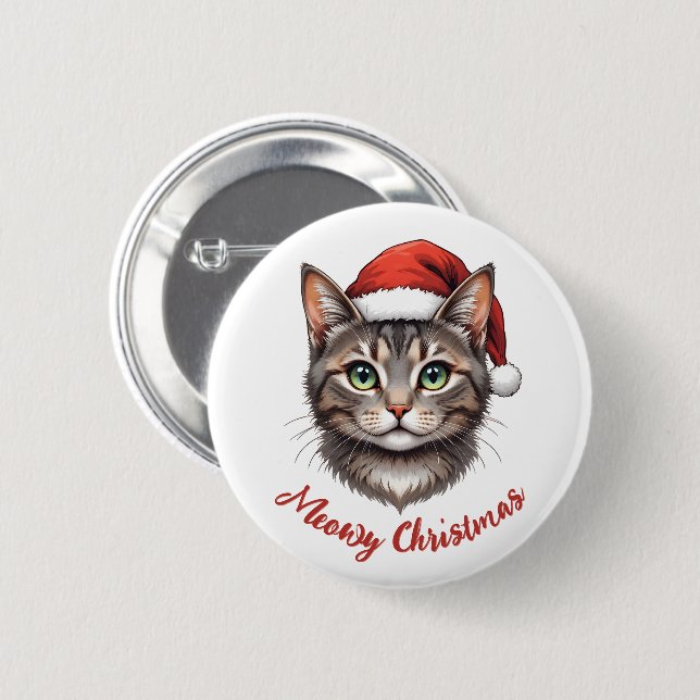 Custom Cute Christmas Cat with Santa Hat Knapp (Framsida & baksida)