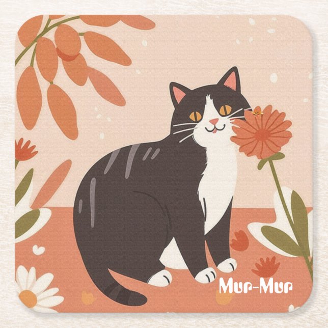 Custom Cute Happy Cat with Spring Flowers  Underlägg Papper Kvadrat (Framsidan)