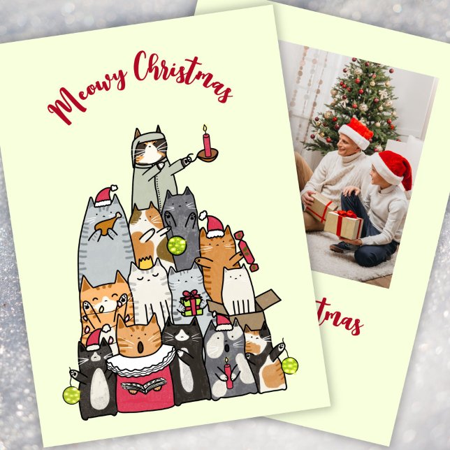 Custom Cute Meowy Christmas Cartoon Cats Photo Julkort (Skapare uppladdad)