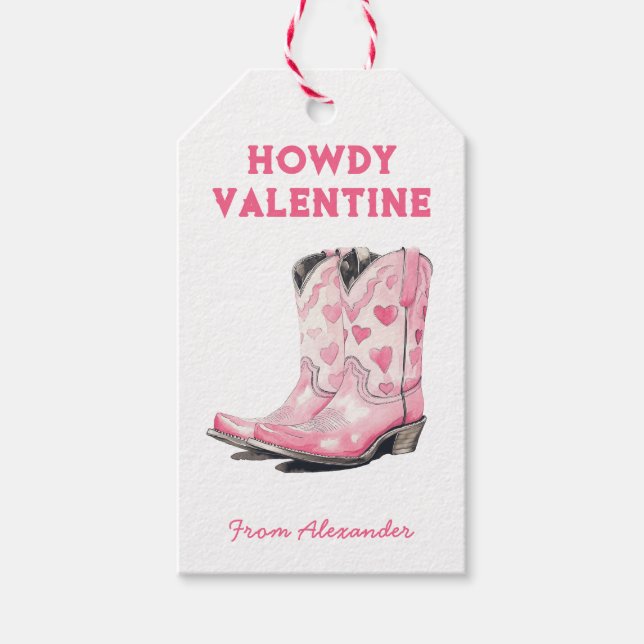 Custom Cute Pink Cowboy Boot Howdy Valentine's  Presentetikett (Framsidan)
