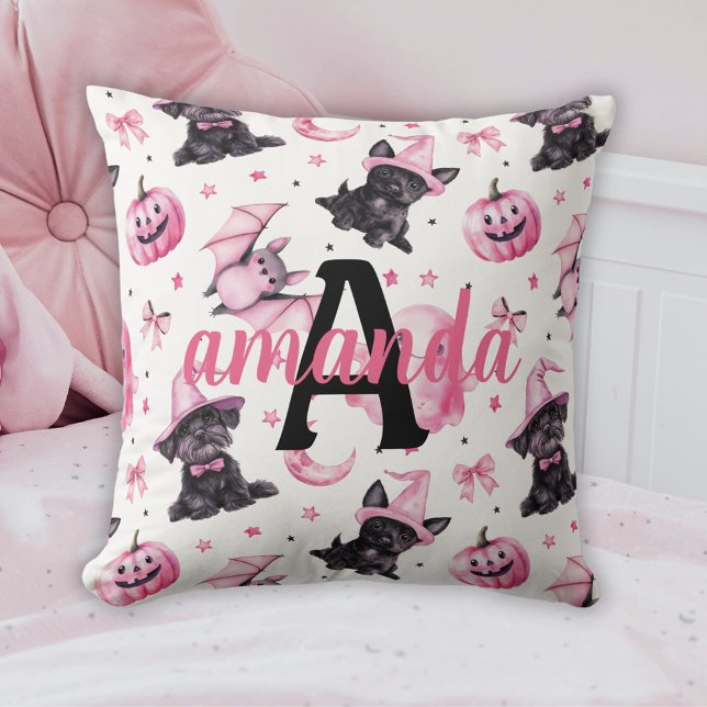 Custom Cute Pink Halloween Pattern With Black Dogs Kudde (Custom Cute Pink Halloween Pattern With Black Dogs Throw Pillow)