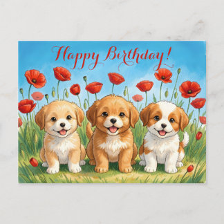 Custom Cute Puppies & Red Poppies Happy Birthday Helg Vykort