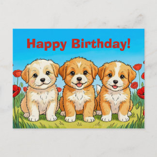 Custom Cute Puppies & Red Poppies Happy Birthday Helg Vykort