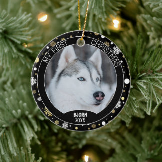 Custom Cute Puppy Photo On White Gold Snowflakes Julgransprydnad Keramik