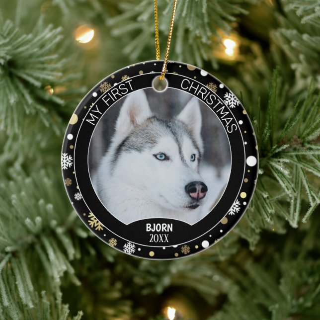 Custom Cute Puppy Photo On White Gold Snowflakes Julgransprydnad Keramik (Träd)