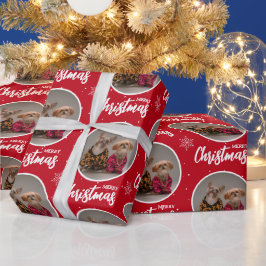 Custom Deep Red Merry Christmas One Circle Photo Presentpapper