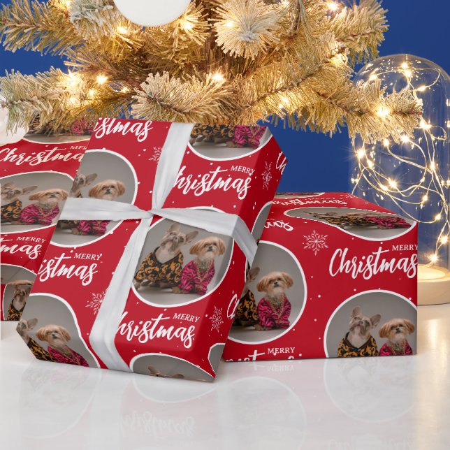 Custom Deep Red Merry Christmas One Circle Photo Presentpapper (Helgdagar)