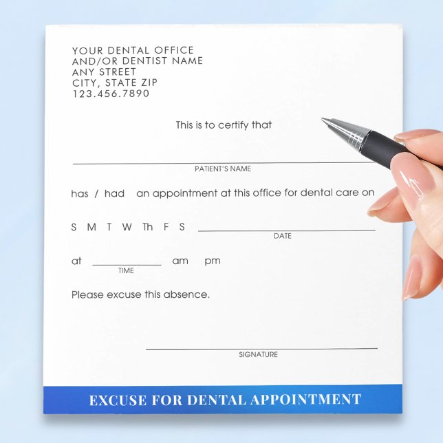 Custom Dental Appointment Excuse Blue Anteckningsblock (Skapare uppladdad)
