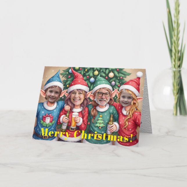 Custom Digital Add Your Face 4 Photo Elves Xmas Kort (Framsida)