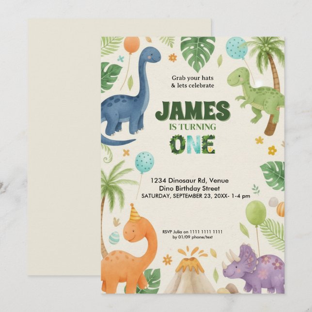Custom Dino Jungle 1st Birthday Invitation  Inbjudningar (Fram/baksida)