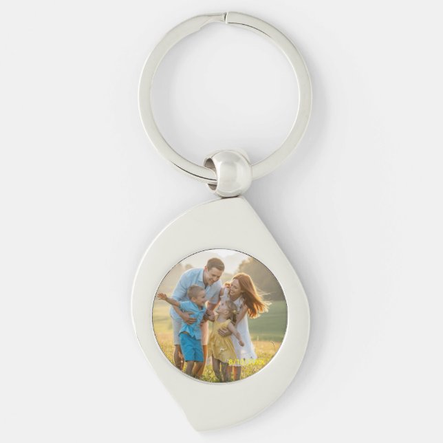 Custom Double Sided Family Two Photo Christmas Cer Swirl Silverfärgad Nyckelring (Framsidan)